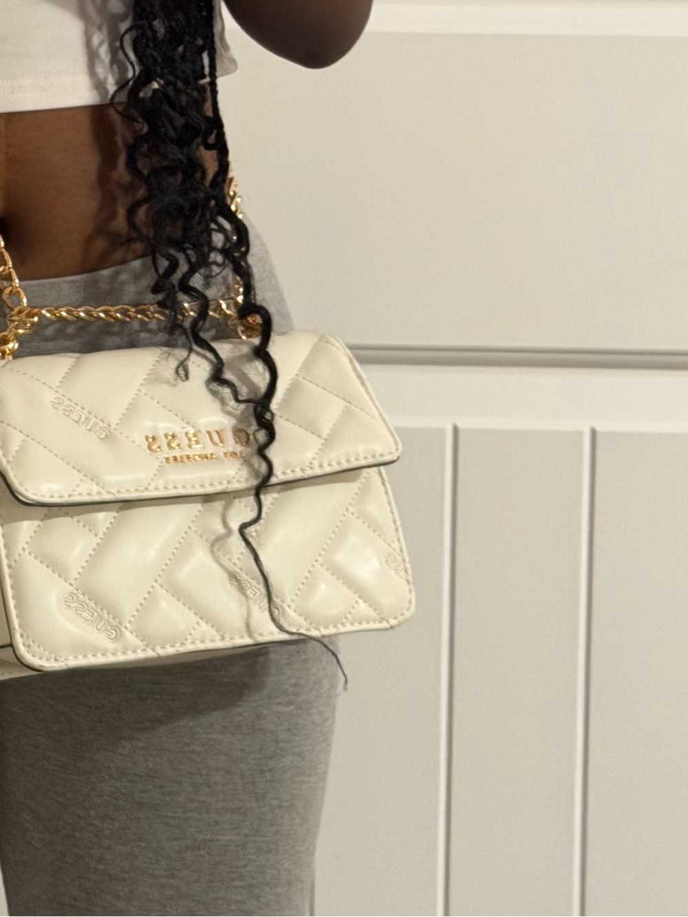 Guess Cream Quilted Shoulder Bag with Gold Chain